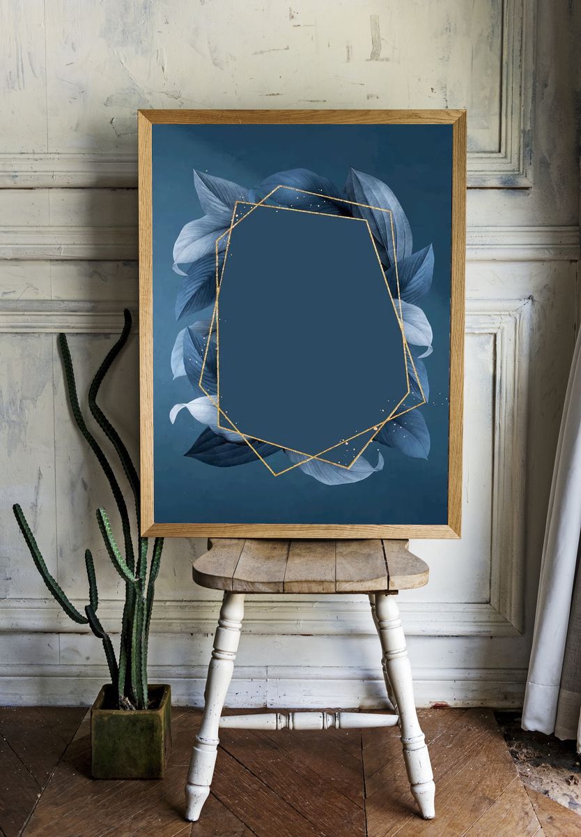 Hexagon foliage frame blue background. room preview