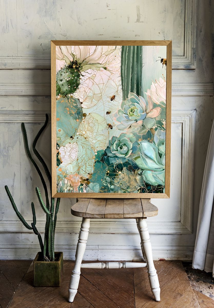 Succulent Garden Bee Illustration Poster. — room view 1