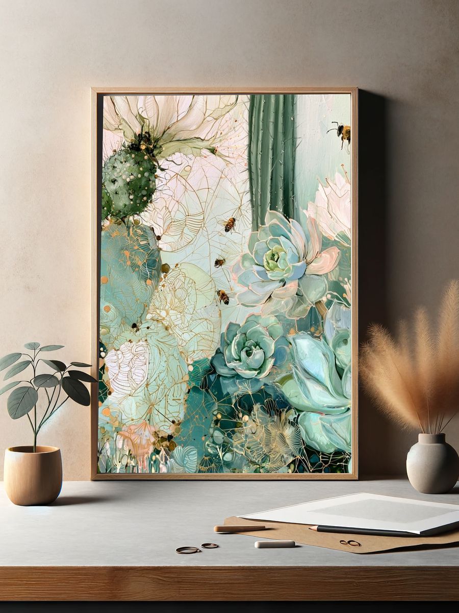 Succulent Garden Bee Illustration Poster. — room view 2