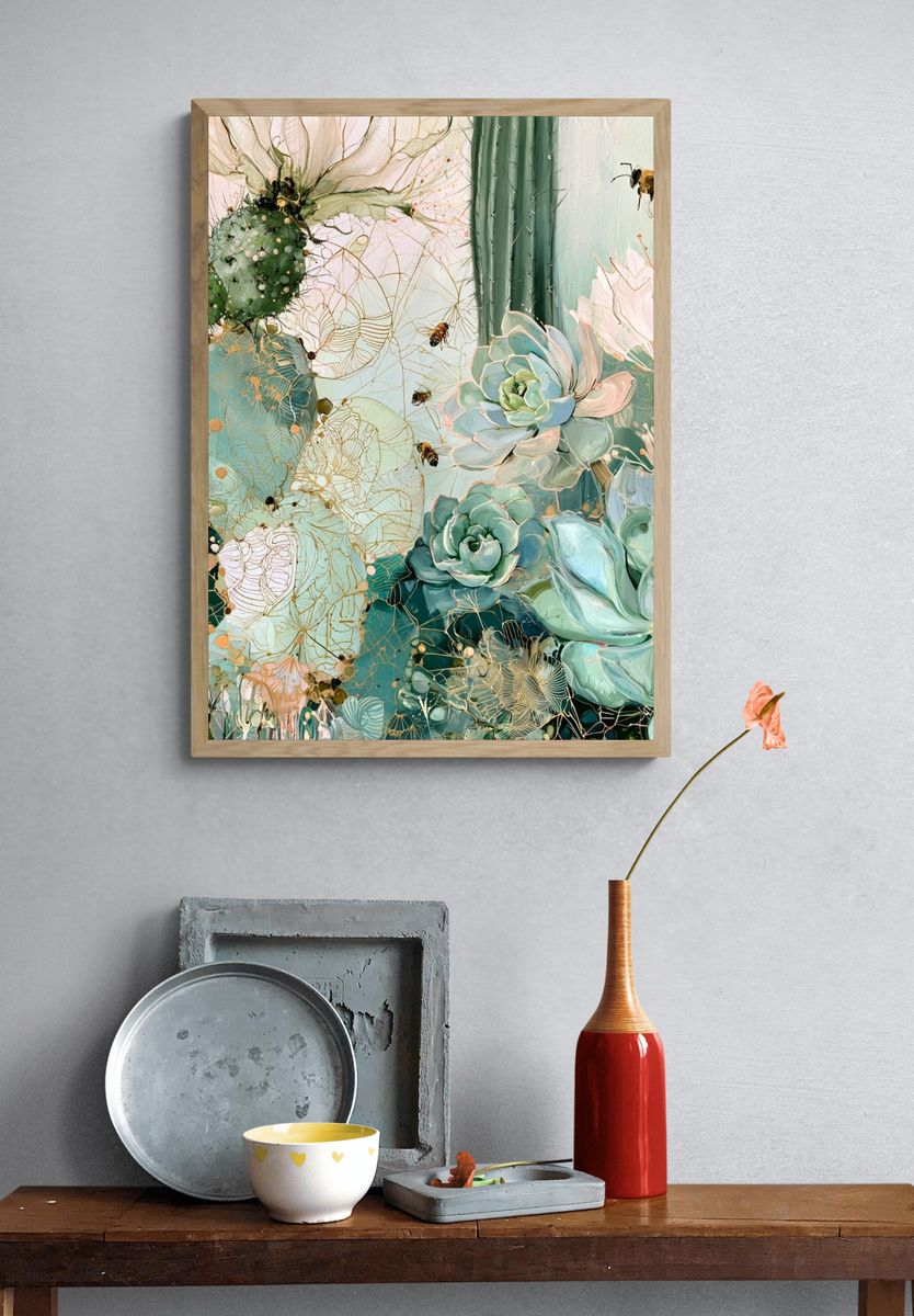 Succulent Garden Bee Illustration Poster. — room view 3