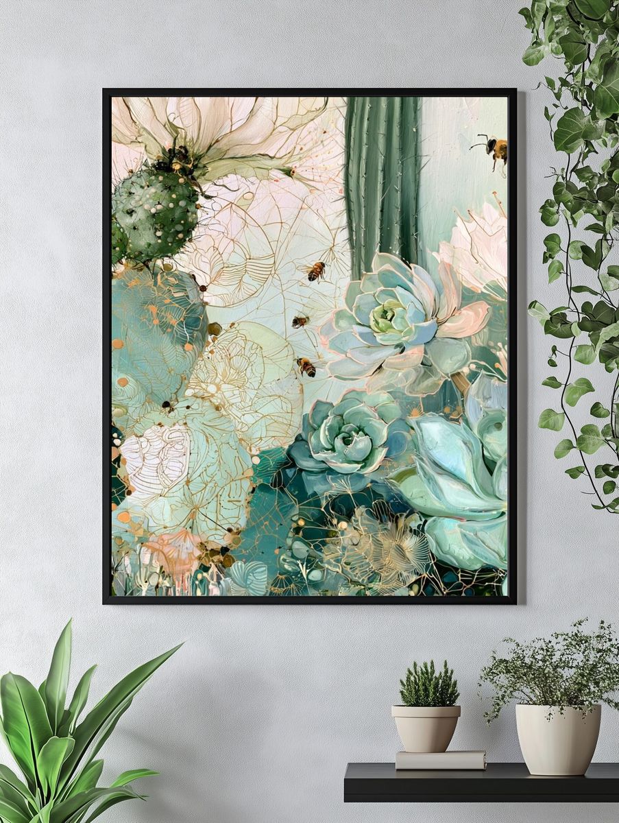 Succulent Garden Bee Illustration Poster. — room view 4