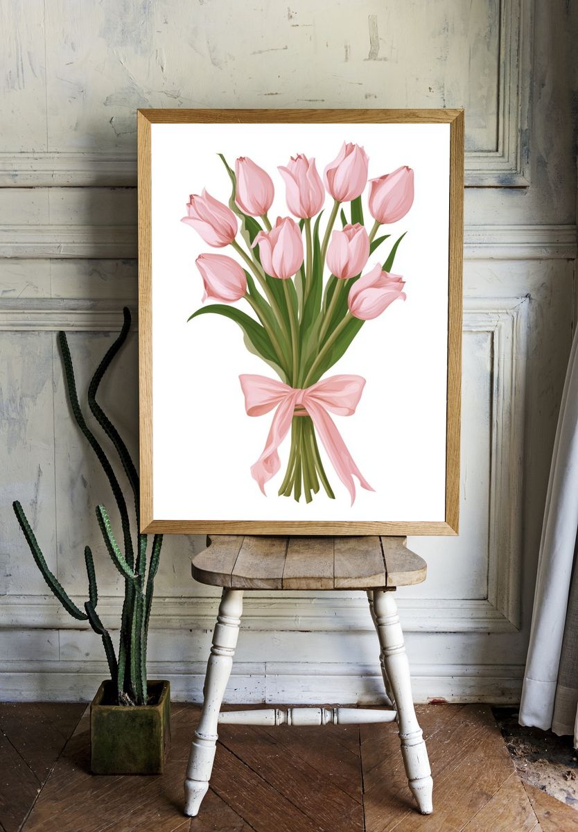 Pink Tulip Bouquet Illustration Poster. — room view 1