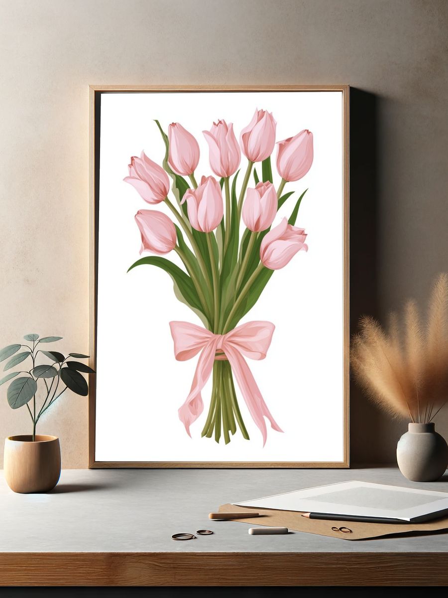 Pink Tulip Bouquet Illustration Poster. — room view 2