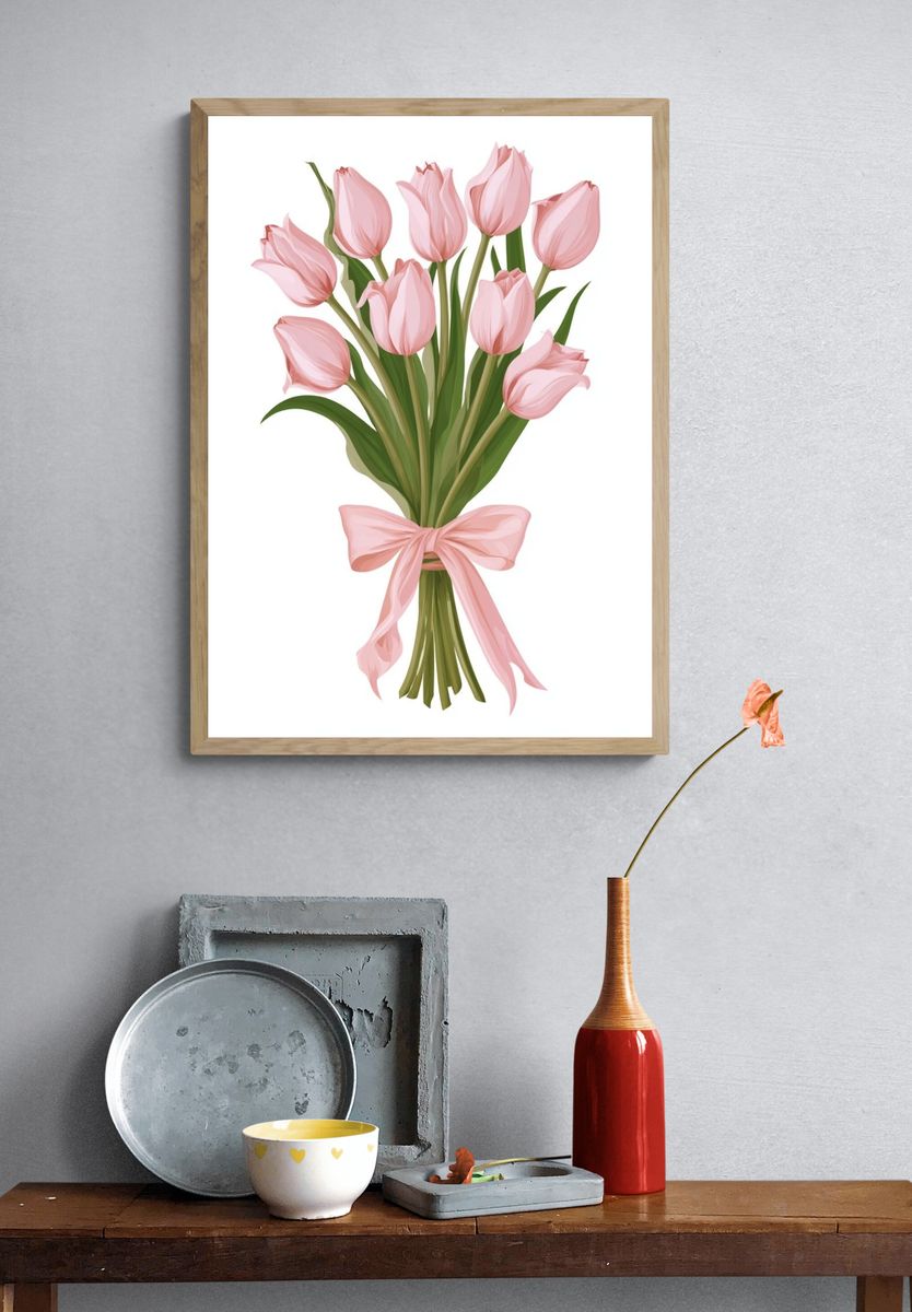 Pink Tulip Bouquet Illustration Poster. — room view 3