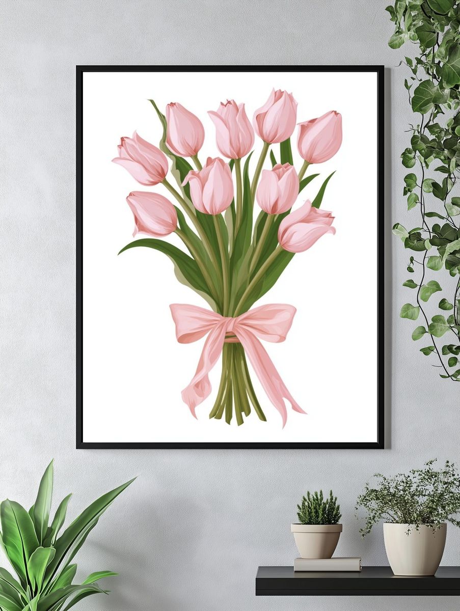Pink Tulip Bouquet Illustration Poster. — room view 4