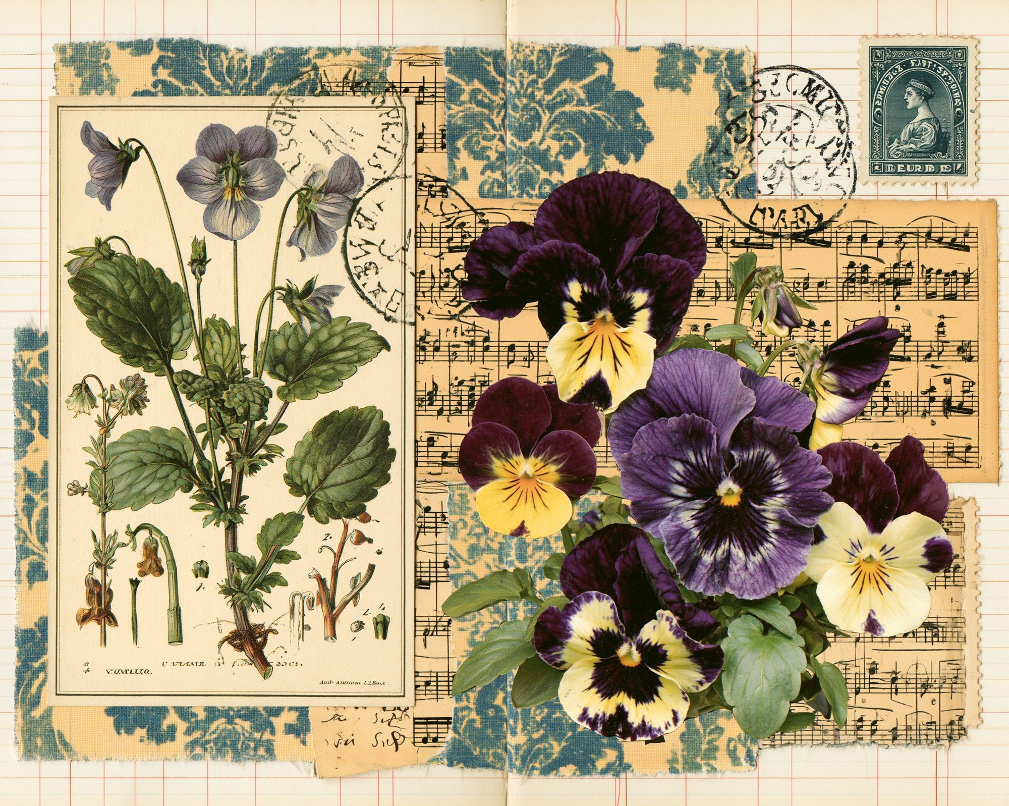 Vintage Pansy Collage Print. poster — botanical art