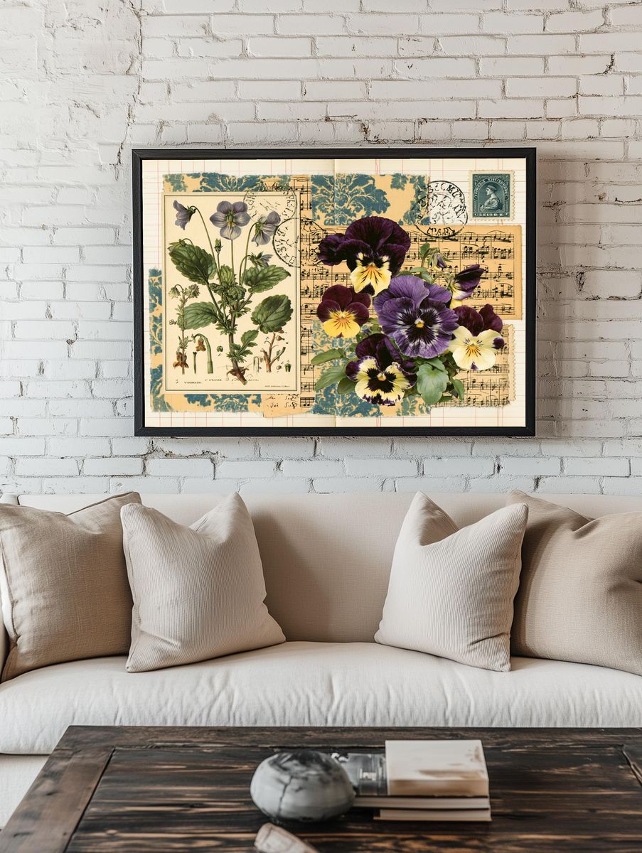 Vintage Pansy Collage Print. — room view 1