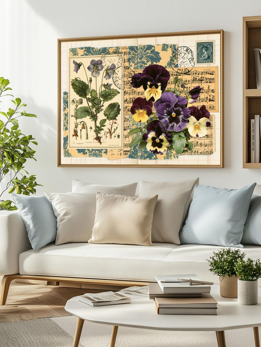Vintage Pansy Collage Print. — room view 2