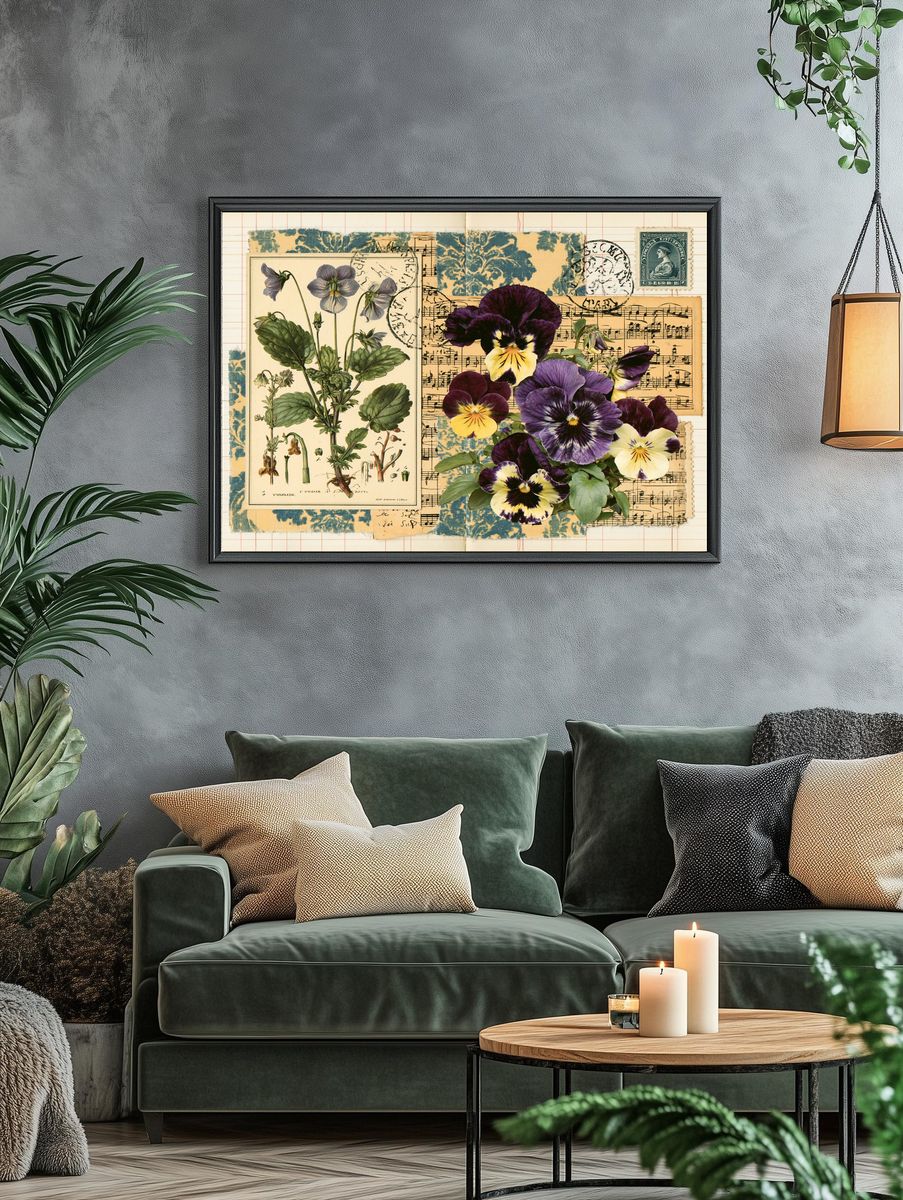 Vintage Pansy Collage Print. — room view 4