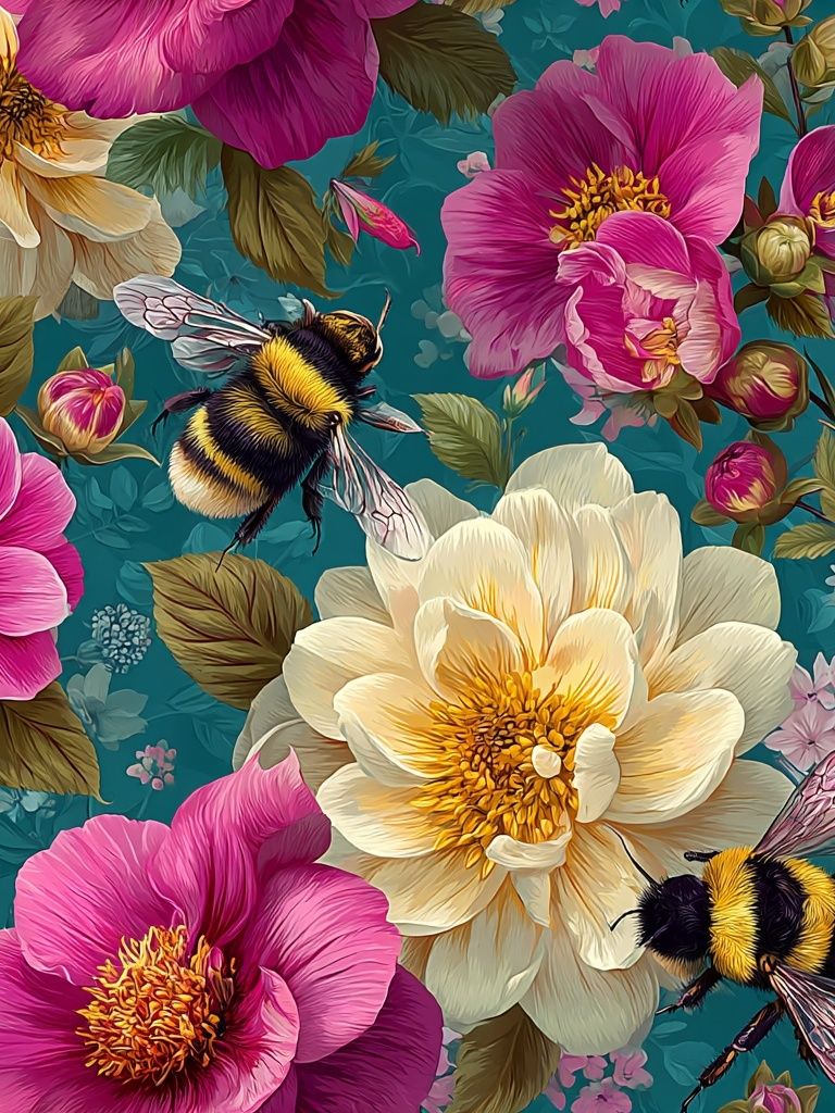 Bee and Peony Botanical Print. poster — botanical art