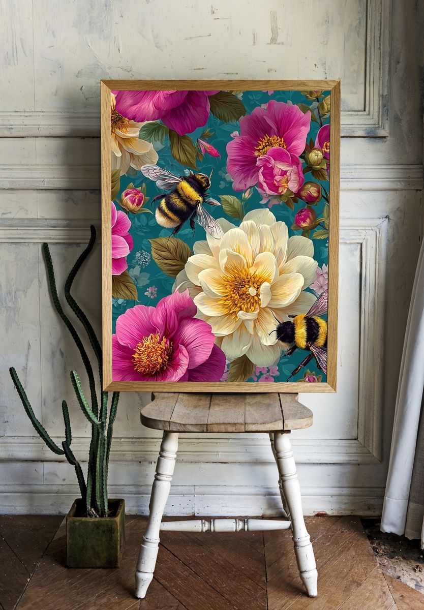 Bee and Peony Botanical Print. — room view 1
