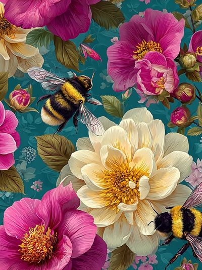 Bee and Peony Botanical Print. poster