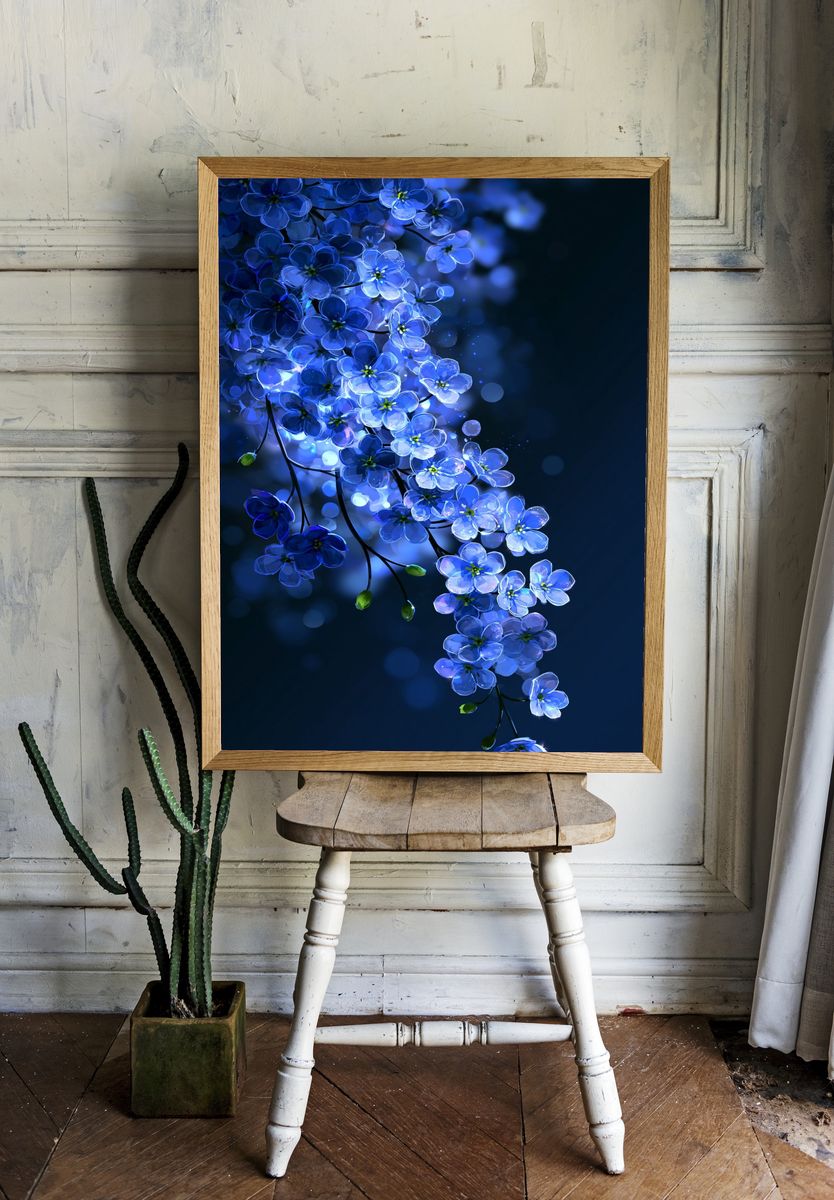 Blue Blossom Cascade Illustration Poster. — room view 1