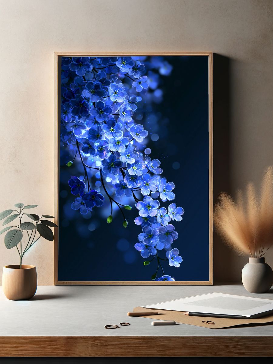 Blue Blossom Cascade Illustration Poster. — room view 2