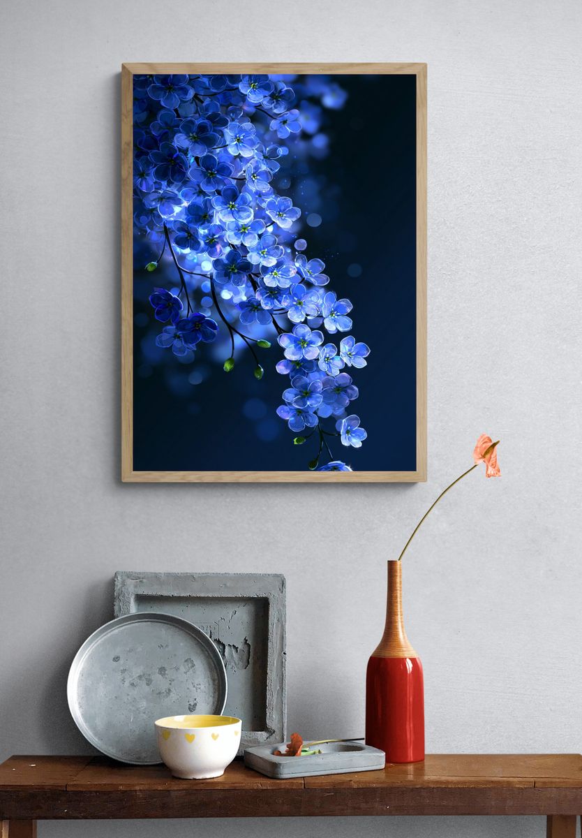Blue Blossom Cascade Illustration Poster. — room view 3