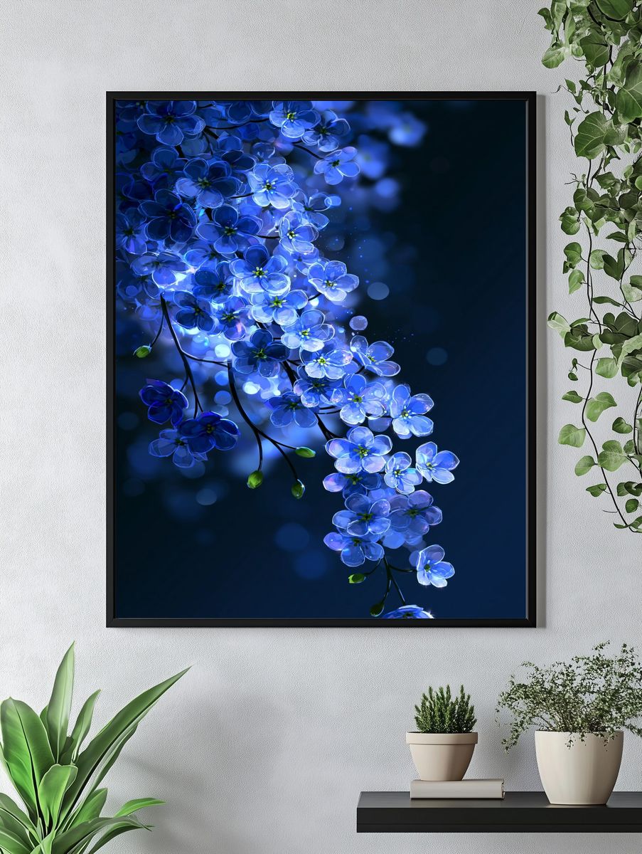 Blue Blossom Cascade Illustration Poster. — room view 4
