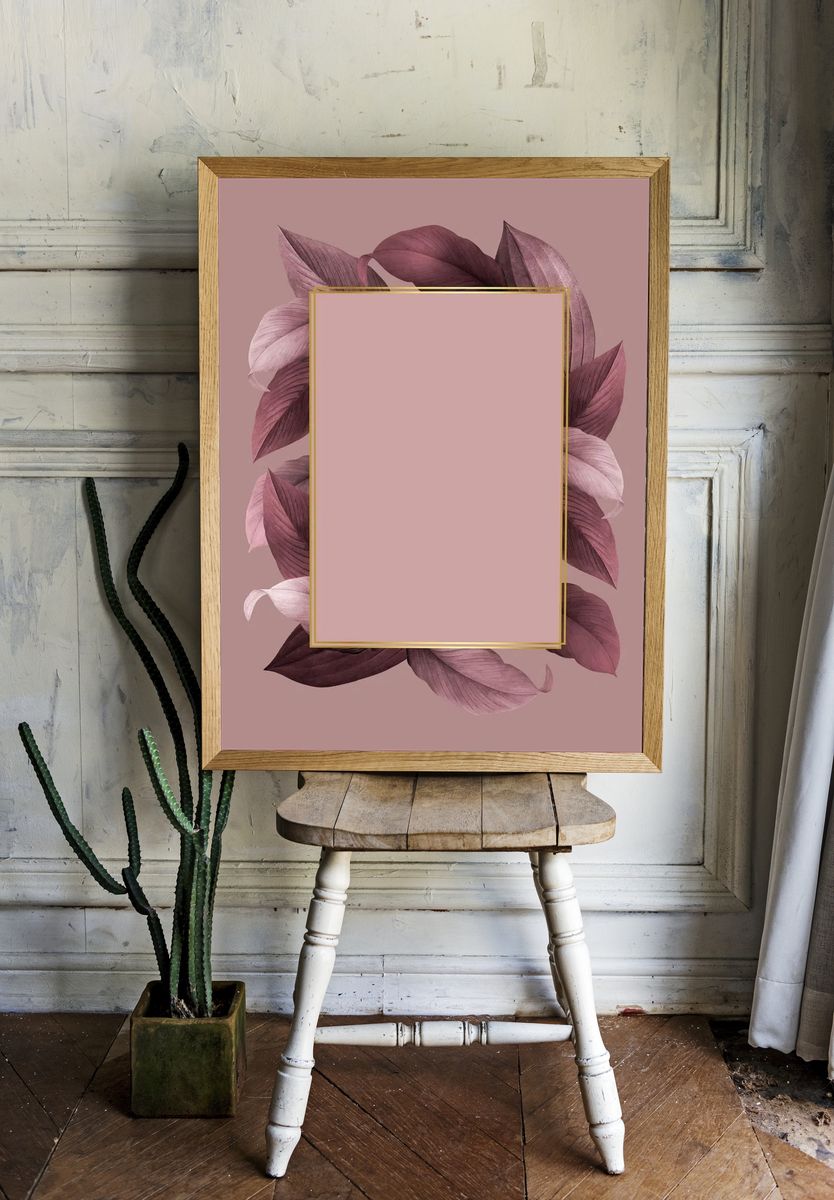 Golden frame pink leafy background. room preview