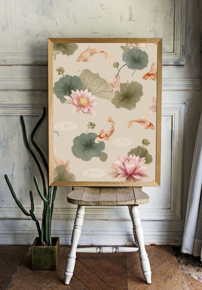 Koi and Lotus Garden Illustration Poster room preview