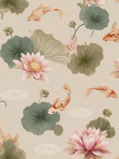 Koi and Lotus Garden Illustration Poster. poster