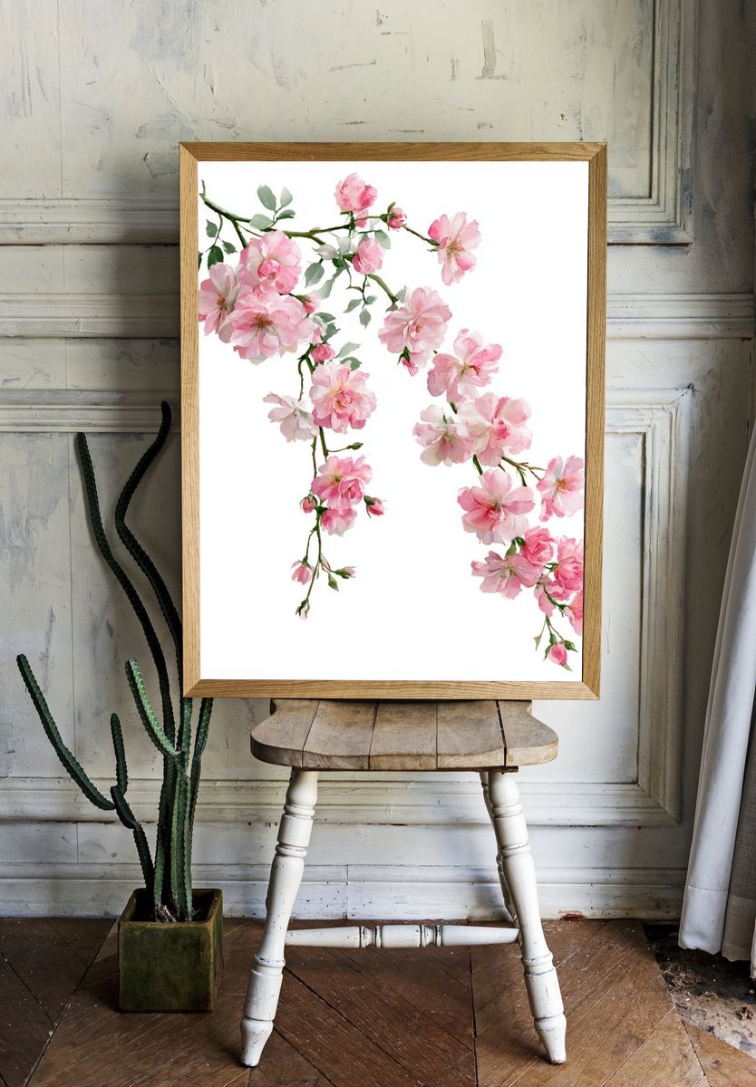 Pink Cherry Blossom Watercolor Print. — room view 1