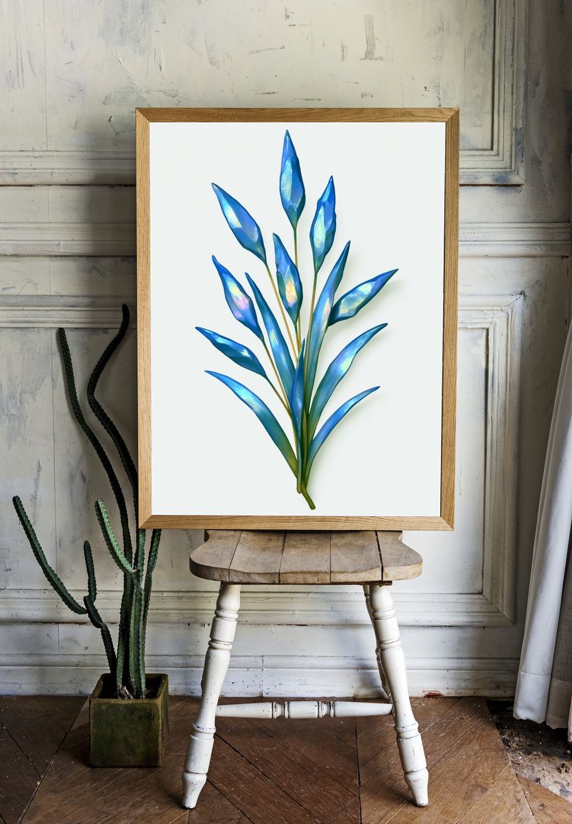 Blue Botanical Leaf Print. — room view 1