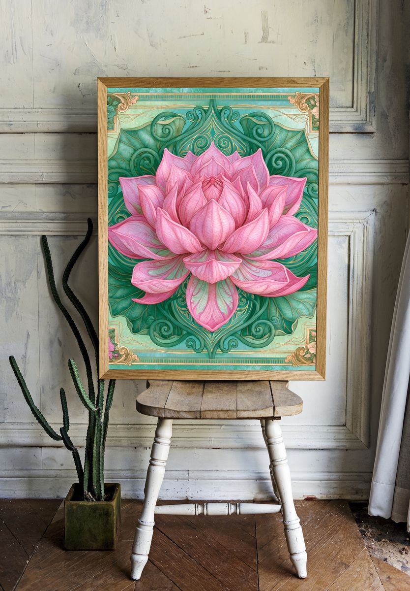 Pink Lotus Botanical Poster. room preview
