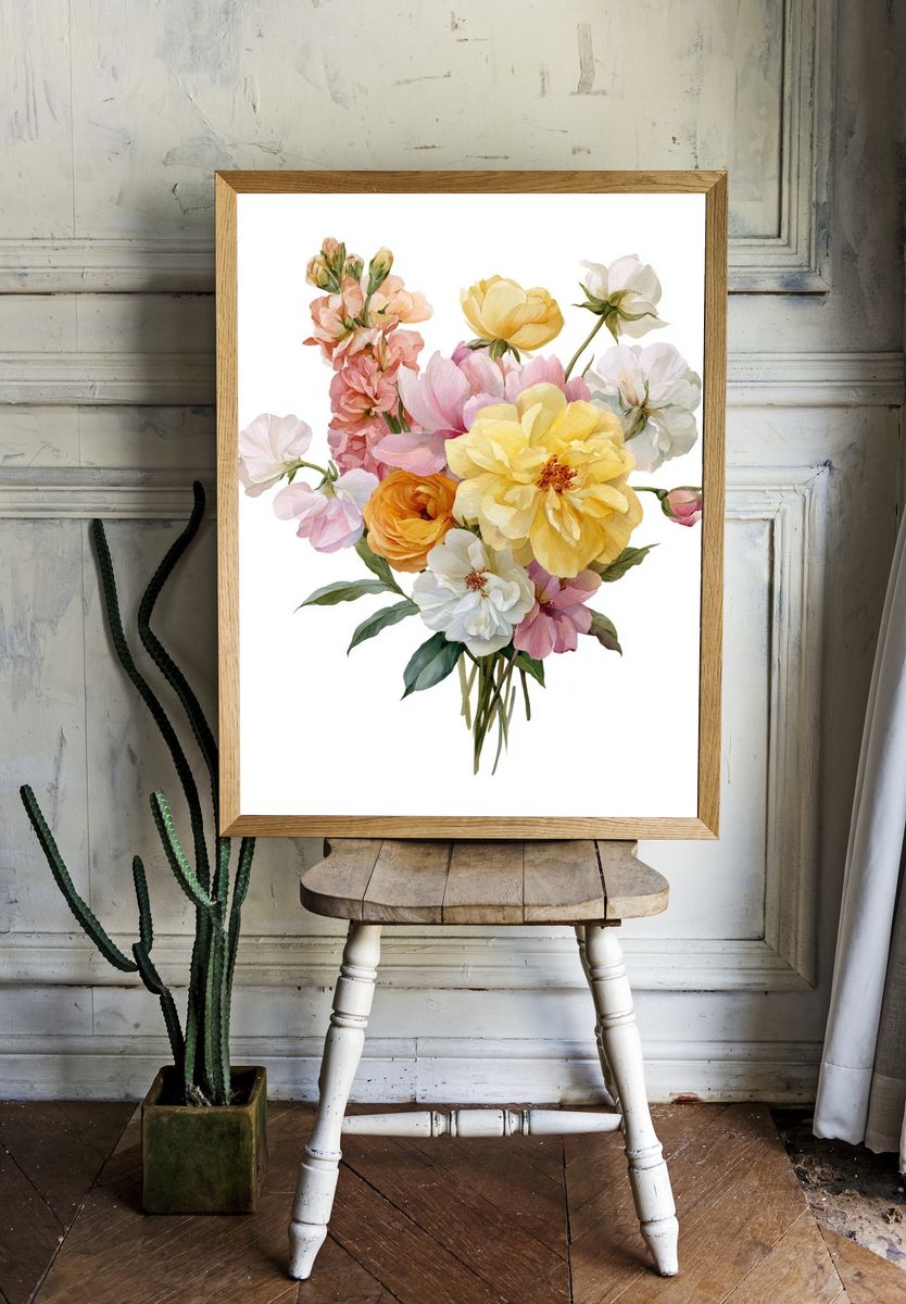 Pastel Floral Bouquet Watercolor Poster. — room view 1