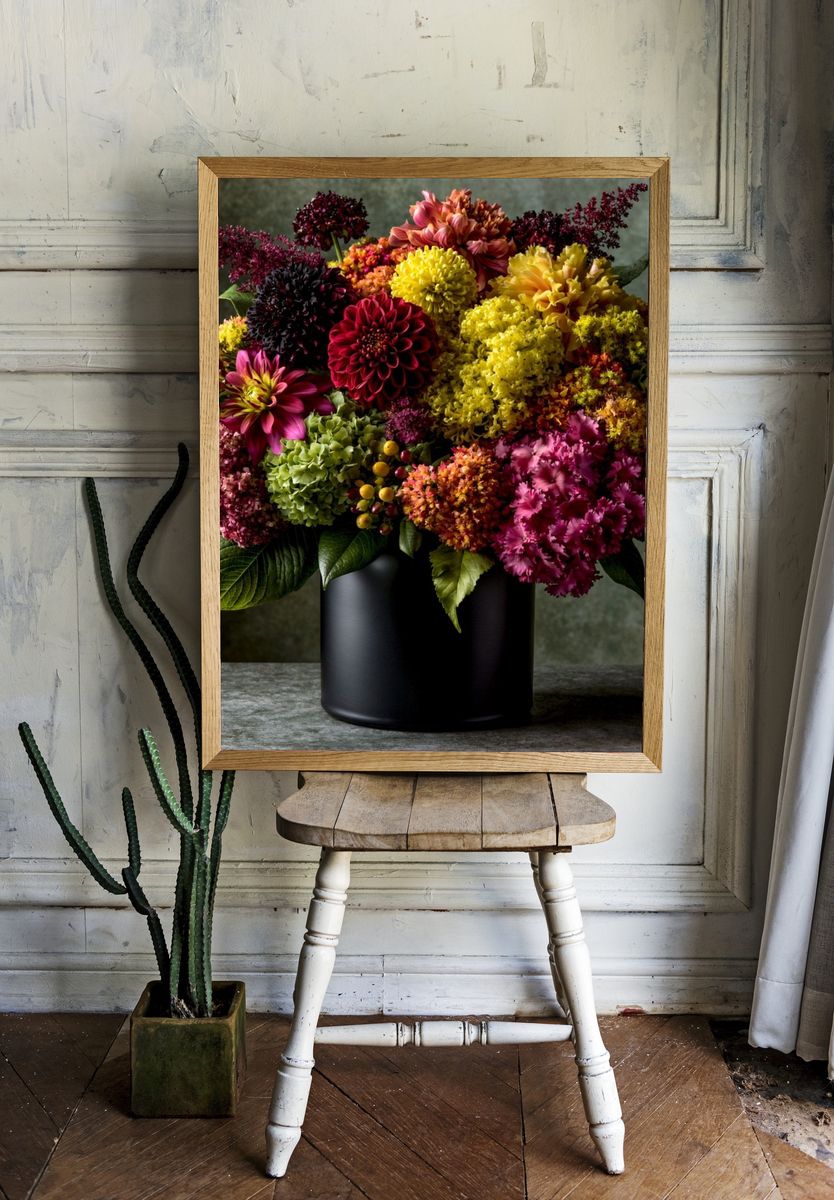 Vibrant Dahlia Bouquet Poster. — room view 1