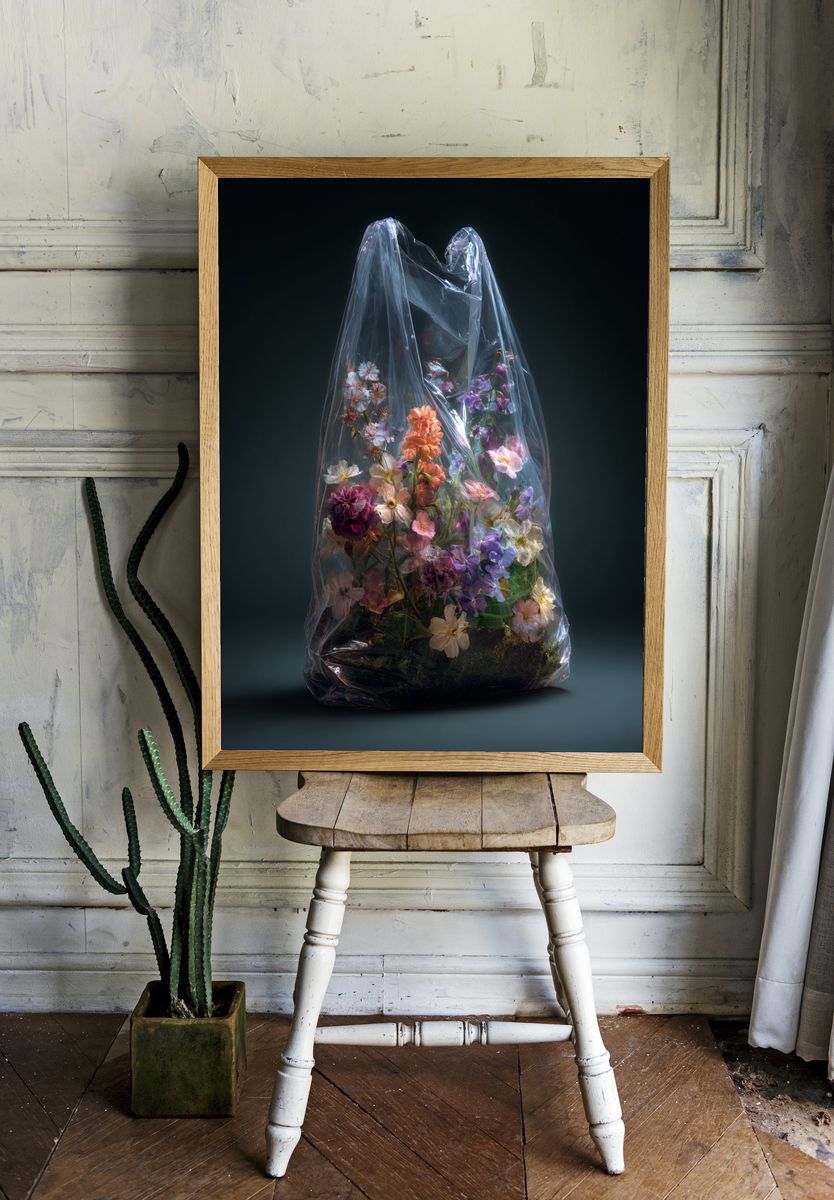 Plastic-Wrapped Flowers Illustration Print. — room view 1