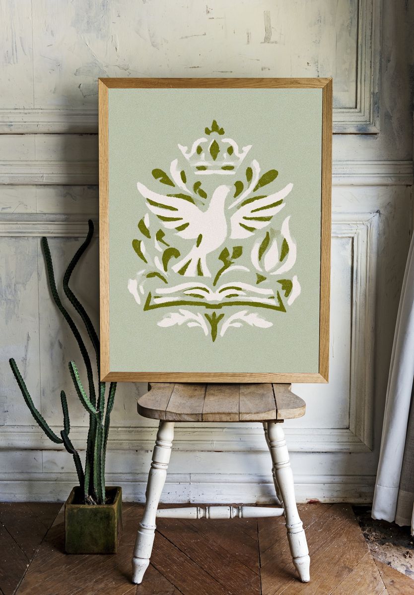 Dove and Book Botanical Poster. — room view 1
