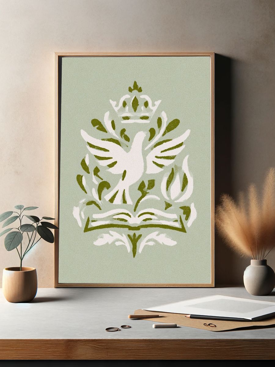 Dove and Book Botanical Poster. — room view 2