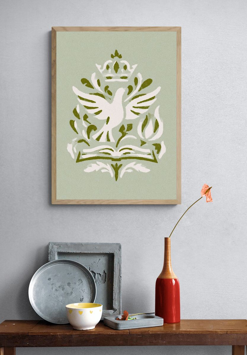 Dove and Book Botanical Poster. — room view 3