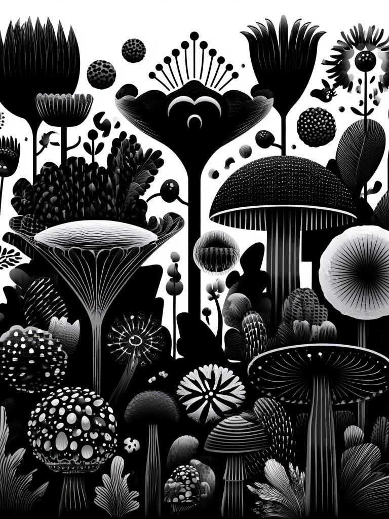 Monochrome Mushroom Garden Print. poster — botanical art