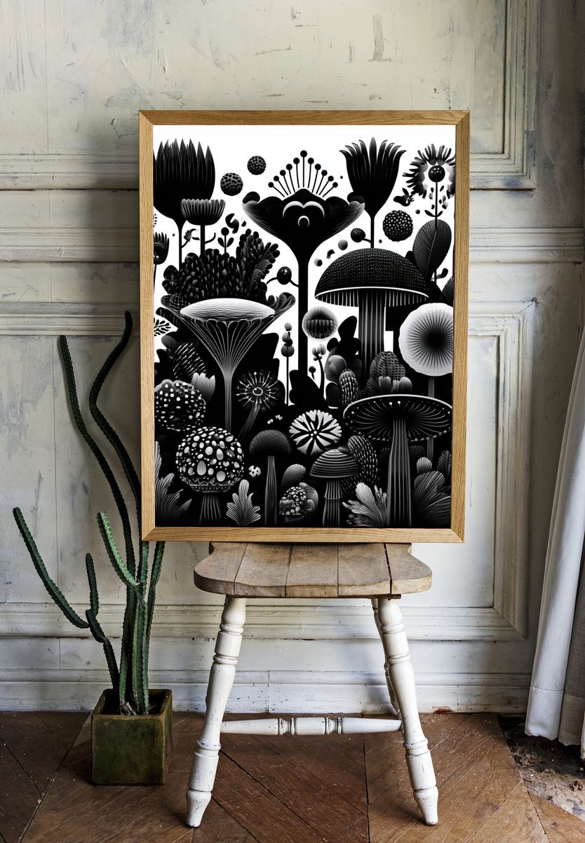 Monochrome Mushroom Garden Print. — room view 1