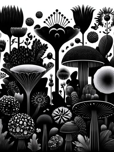 Monochrome Mushroom Garden Print. poster