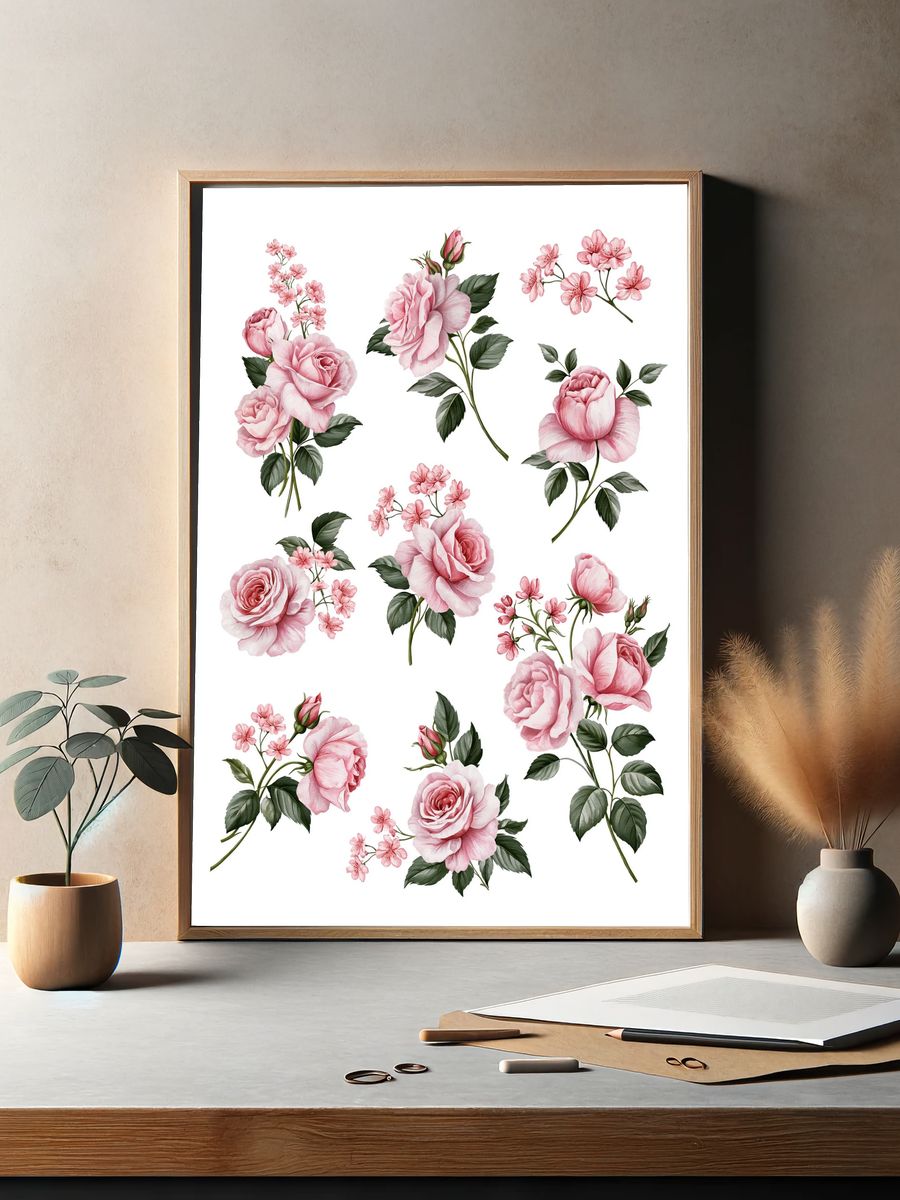Pink Roses Botanical Print. — room view 2