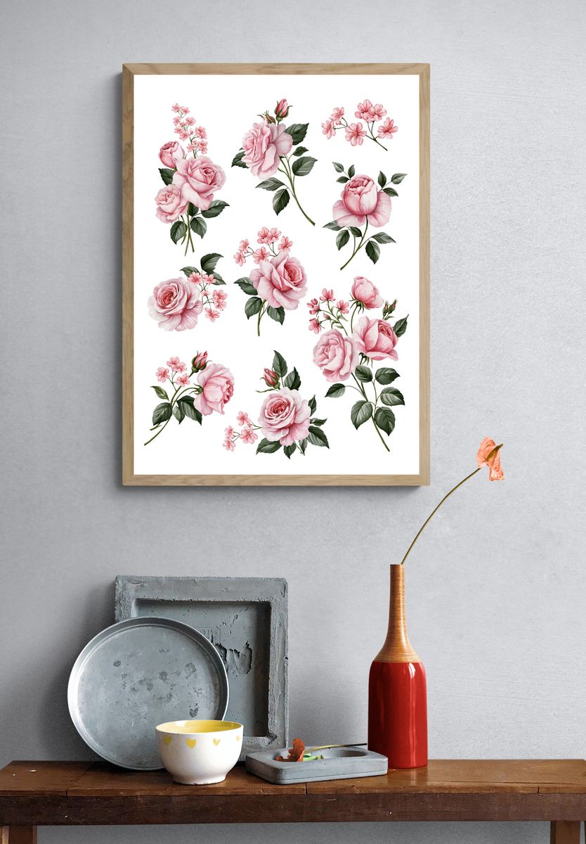 Pink Roses Botanical Print. — room view 3