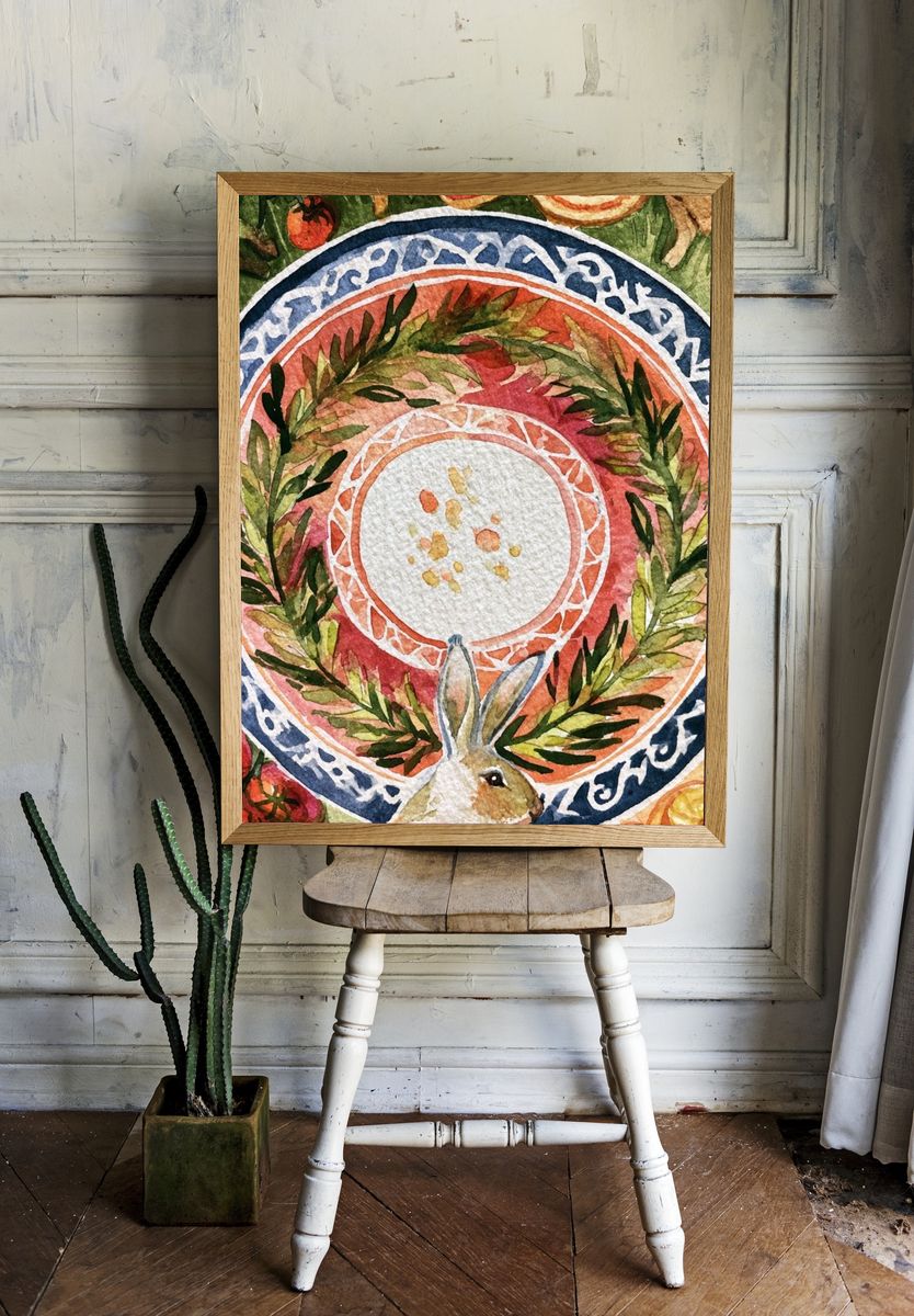 Botanical Wreath Rabbit Poster. room preview
