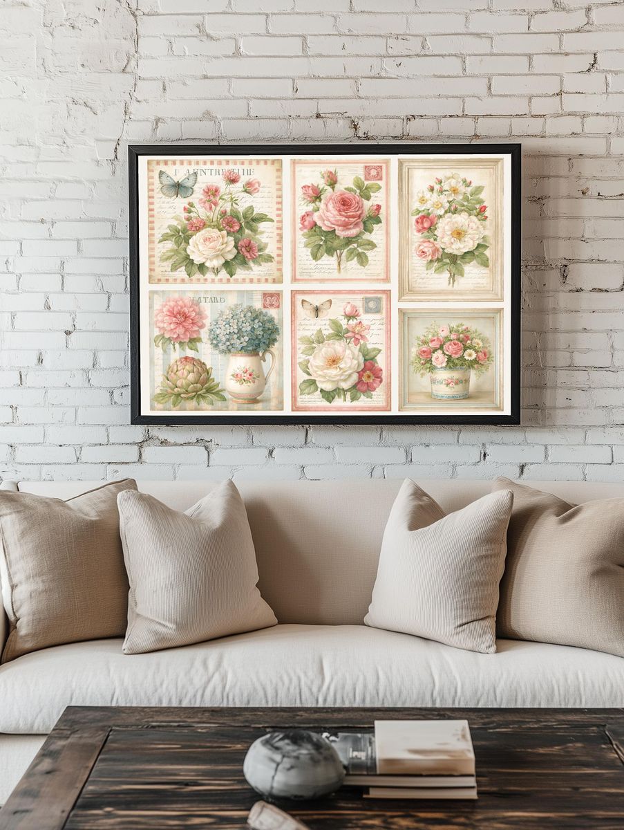 Vintage Floral Collage Poster. — room view 1