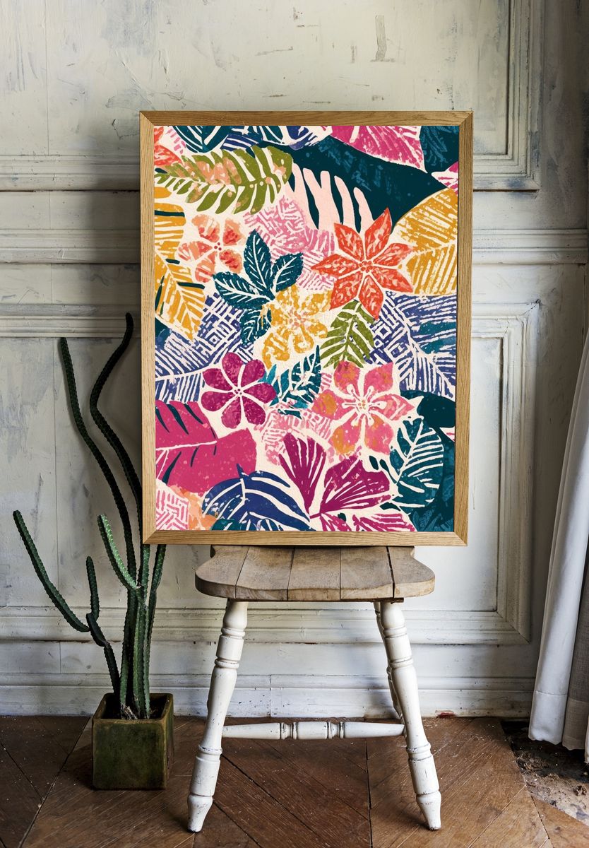 Tropical Leaf Collage Print. room preview
