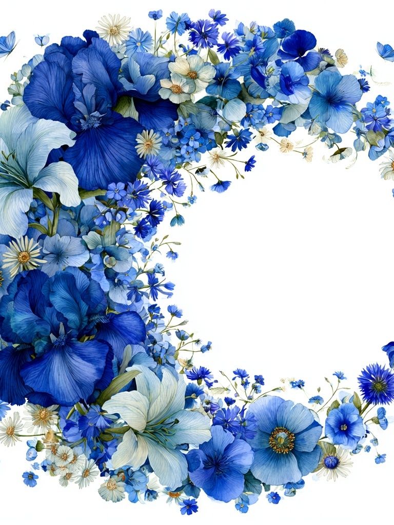 Blue Floral Wreath Watercolor Print. poster detail