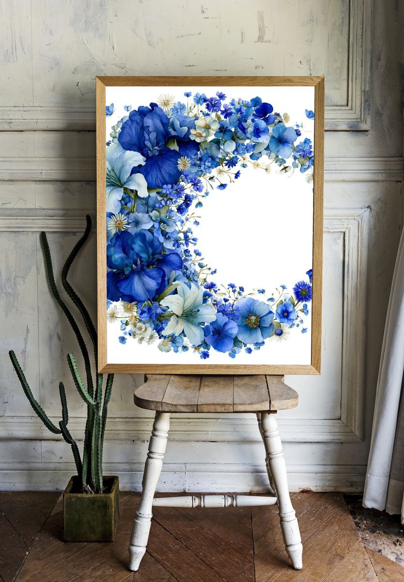 Blue Floral Wreath Watercolor Print. — room view 1
