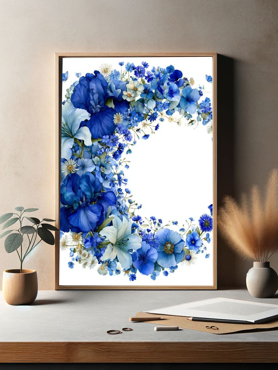 Blue Floral Wreath Watercolor Print. — room view 2