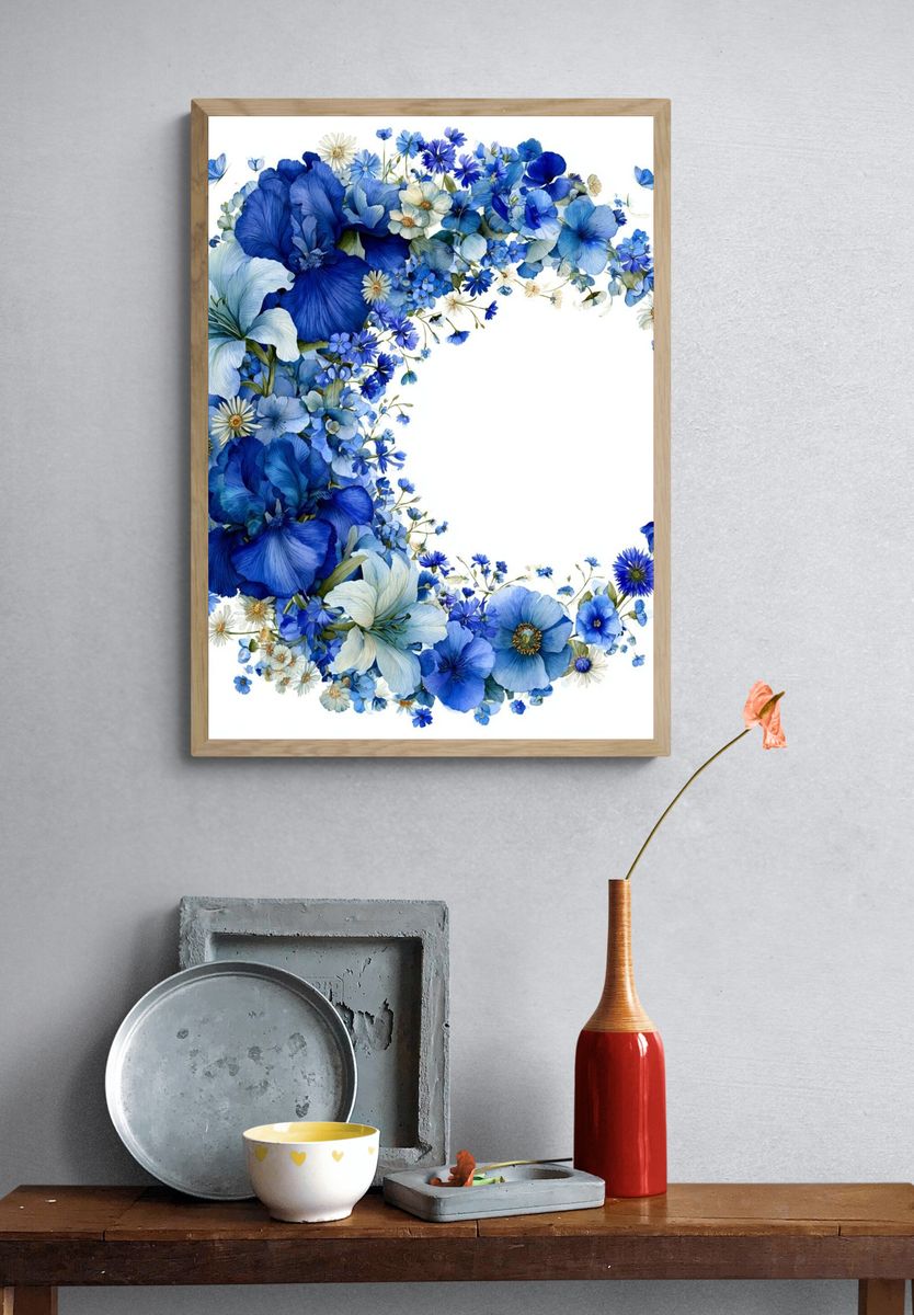 Blue Floral Wreath Watercolor Print. — room view 3