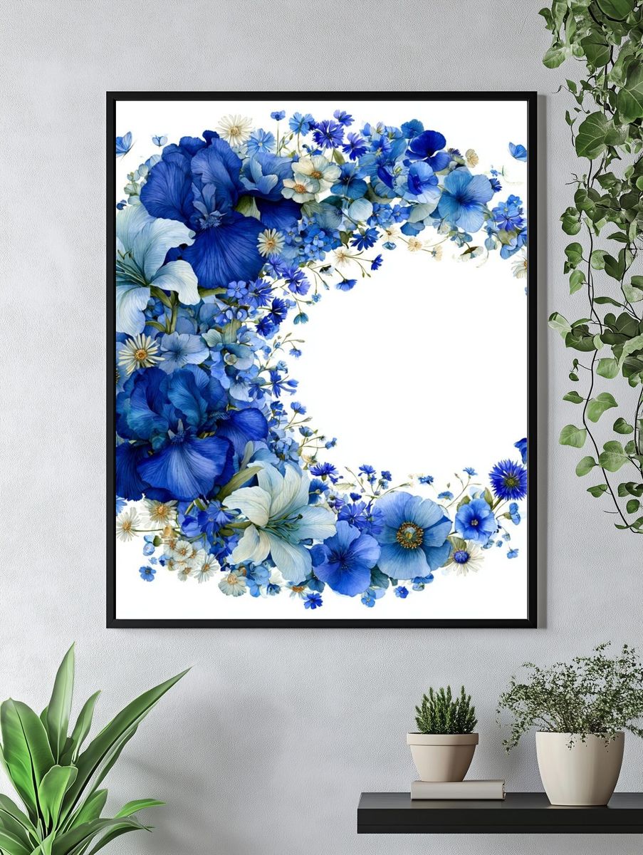 Blue Floral Wreath Watercolor Print. — room view 4