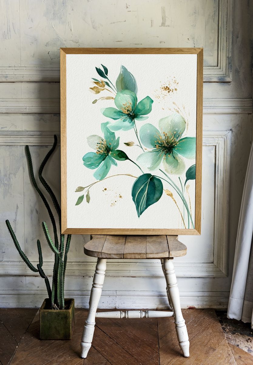 Teal Floral Watercolor Poster. — room view 1