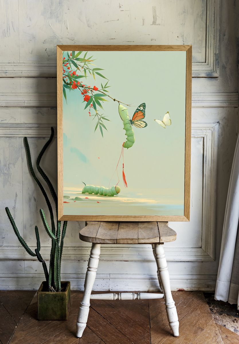 Butterfly Caterpillar Botanical Print. room preview