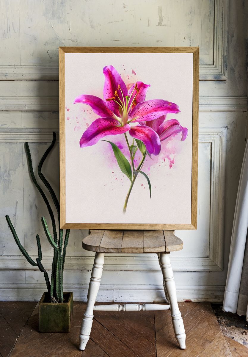 Pink Lily Watercolor Print. room preview