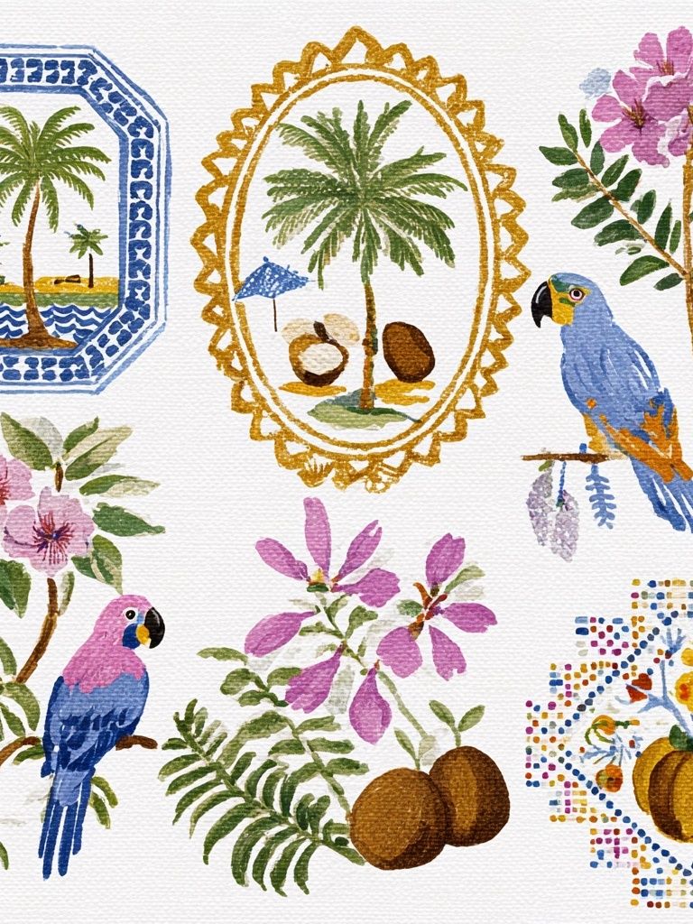 Tropical Watercolor Birds and Palms Print. poster detail