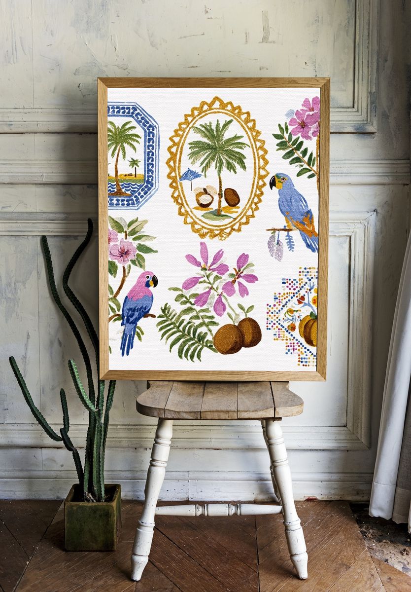 Tropical Watercolor Birds and Palms Print. room preview